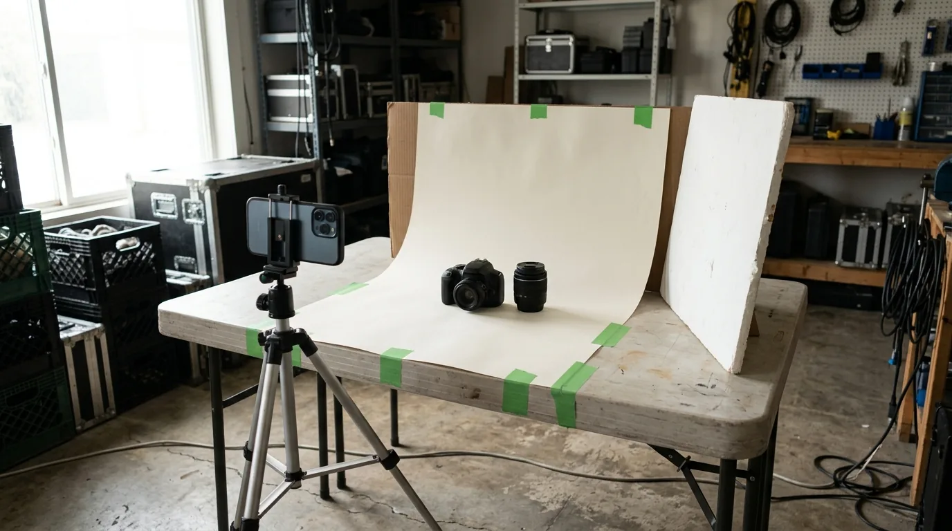 Ilustrasi ponsel pada tripod memotret peralatan kamera dengan latar kertas dekat jendela.